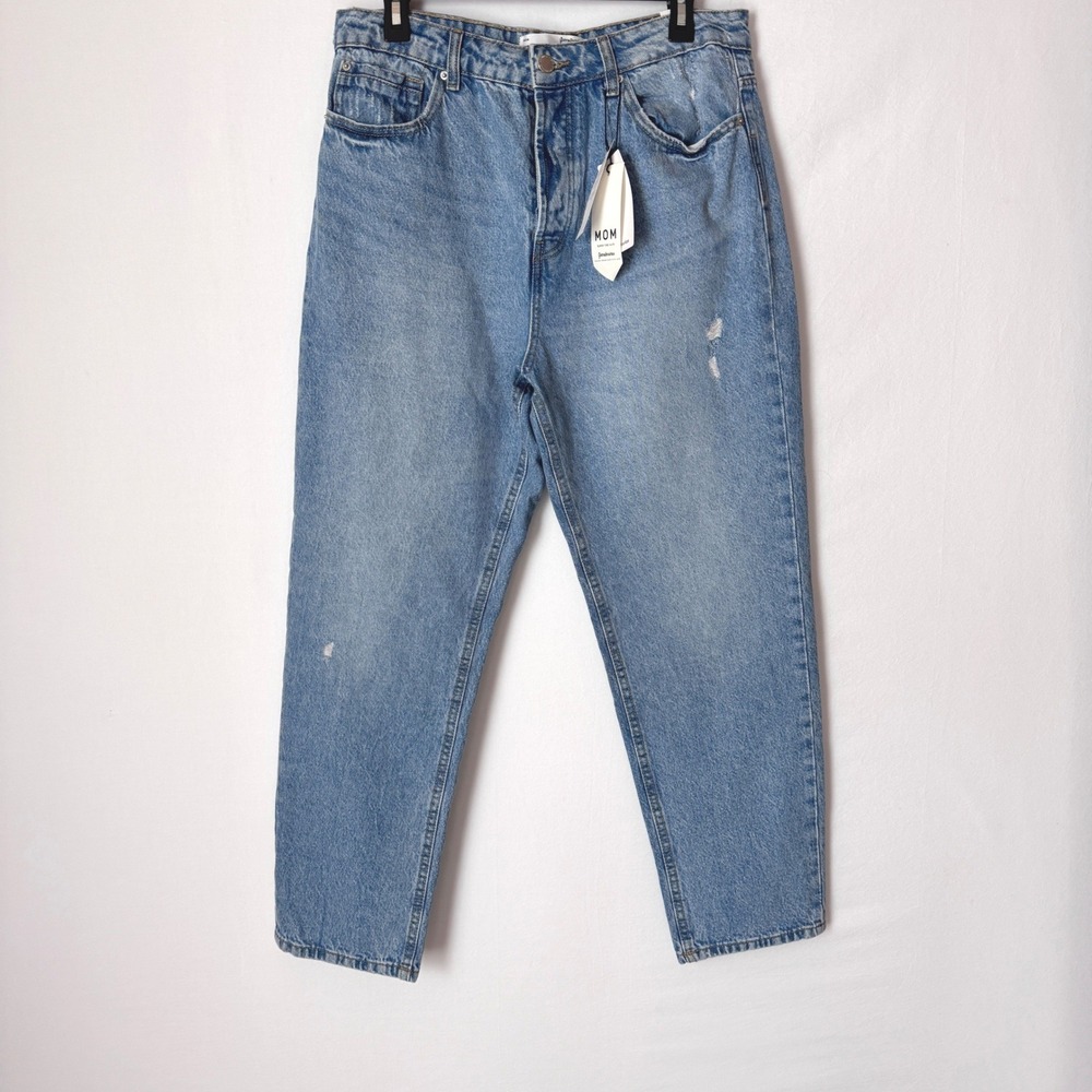 Stradivarius Mom Jeans Women Size 12 Light Blue Distressed High Waisted